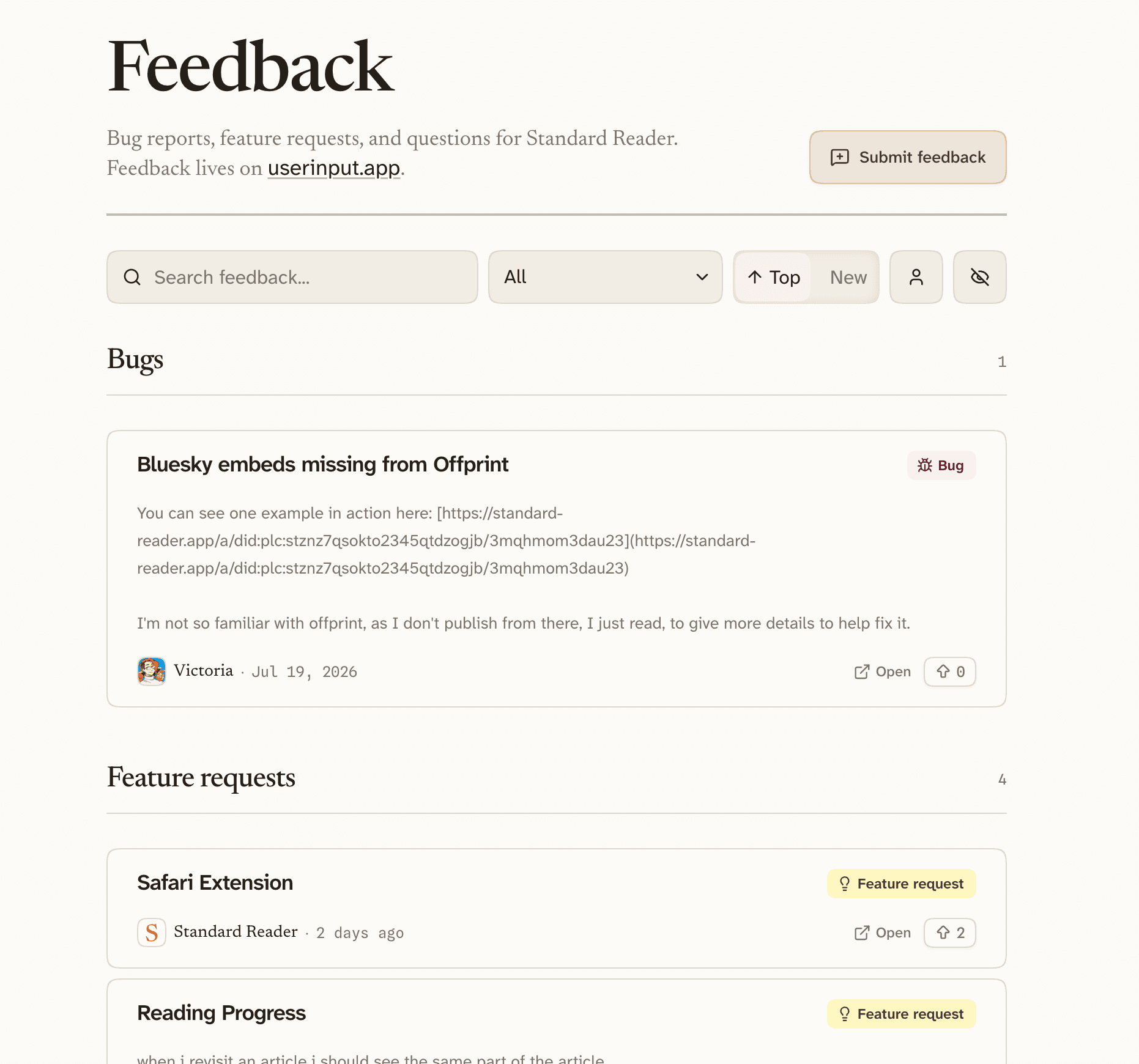 The feedback board in Standard Reader