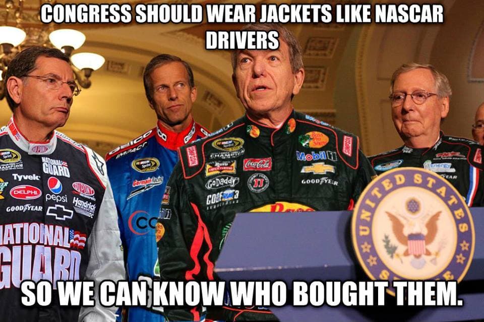 A bunch of politicians wearing nascar jumpsuits with company logos on them