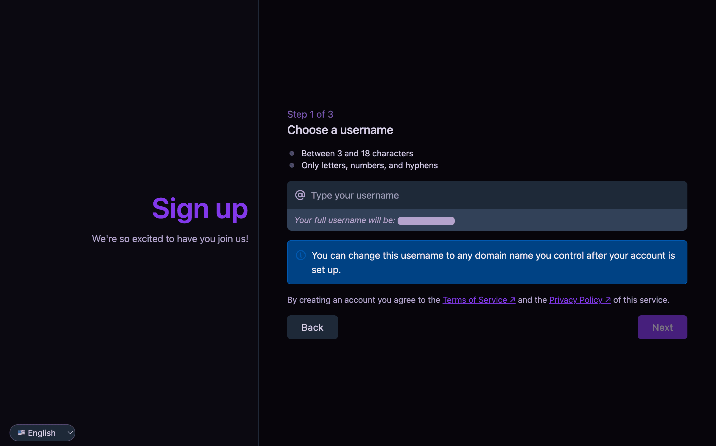 The selfhosted.social create account page